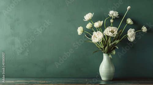 Vase with eustoma flowers on table near green wall photo