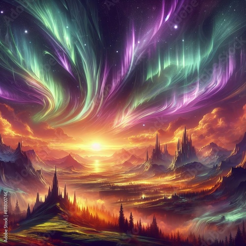 Generative Ai Aurora Empyrean Illustrate an ethereal realm where the auroras paint the sky in vibrant ribbons of light, casting an otherworldly glow over a landscape dotted with ancient ruins and myst photo