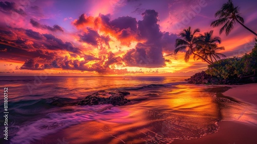 Tropical Beach at Sunset with Vibrant Sky and Reflections.