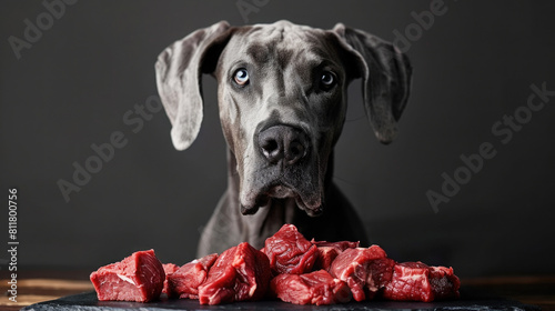 A Great Dane standing over a scattered assortment of raw beef cuts on a stark black mat, emphasizing the size and appetite of the breed photo