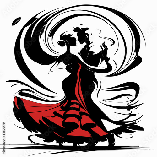 abstract silhouette design of a couple performing a flamenco pose.