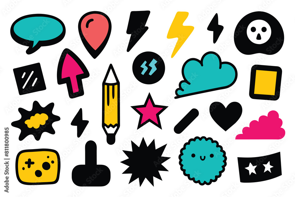 Pencil drawn doodle element set with grunge texture. Bright colour stickers collection. Childish and sketch style. Vector design
