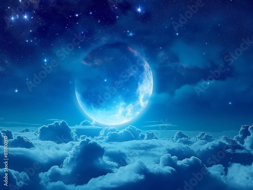 A stunning scene of a large moon rising above fluffy clouds against a starry night sky.
