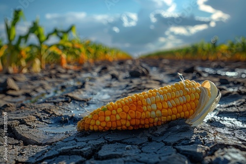 A close-up of a ripe corn cob lying on cracked earth, symbolizing drought and agricultural challenges