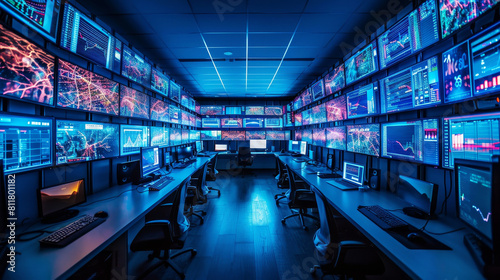 High-tech security operations center with multiple screens and advanced monitoring