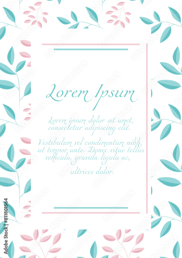 Obraz premium Vintage card with a pattern of leaves in blue and pink shades. Invitation card for holiday, birthday, wedding.