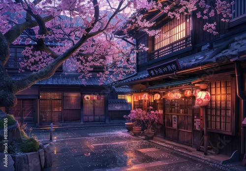 Traditional Japanese street, architecture, minimal, stunning cherry blossoms, clean, created with AI