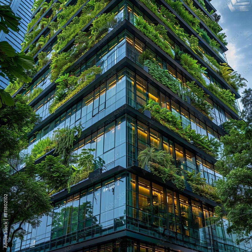 Selective focus on tree and eco friendly building with vertical garden in modern city Green tree forest on sustainable glass building Office building with green environment Go gree Selective focus on tree and eco friendly building with vertical garden in modern city Green tree forest on sustainable glass building Office building with green environment Go gree
