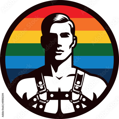 Round icon, vector logo: a muscular gay guy in a leather harness on the background of the LGBTQ+ flag
