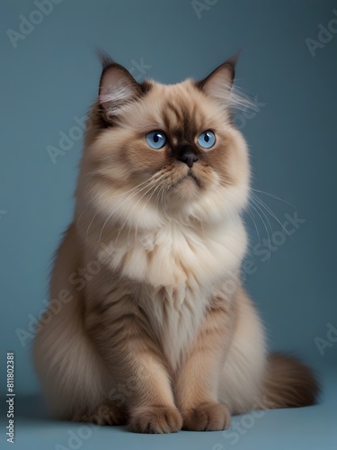 A Himalayan cat is sitting on a blue background. AI generated image