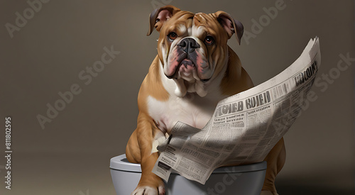 Sophisticated Bulldog: Canine Composure on the Throne of toilet seat and reading newspaper on it, sad
