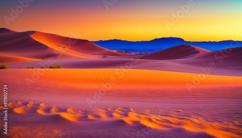 photo of landscape nature sand dunes with orange sunset light, generative AI