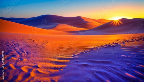 photo of landscape nature sand dunes with orange sunset light, generative AI