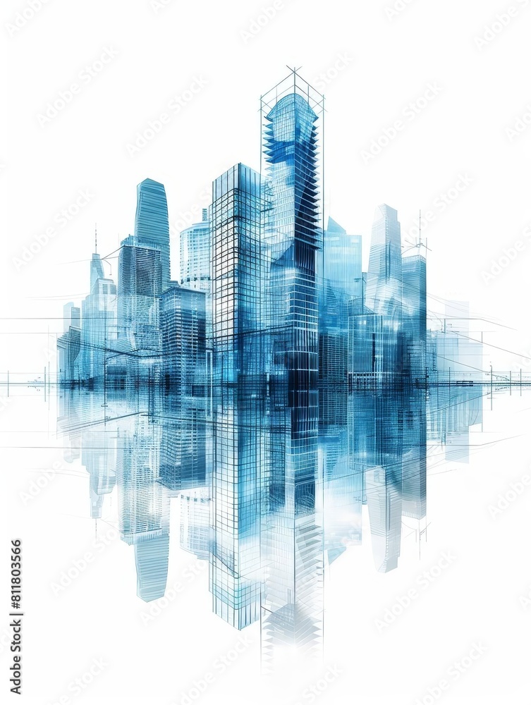 Obraz premium Skyscrapers on the blueprint Construction concept 3d illustration, Shot with canon r5 and Canon EF 50mm f/ 1. 2L, Photorealistic