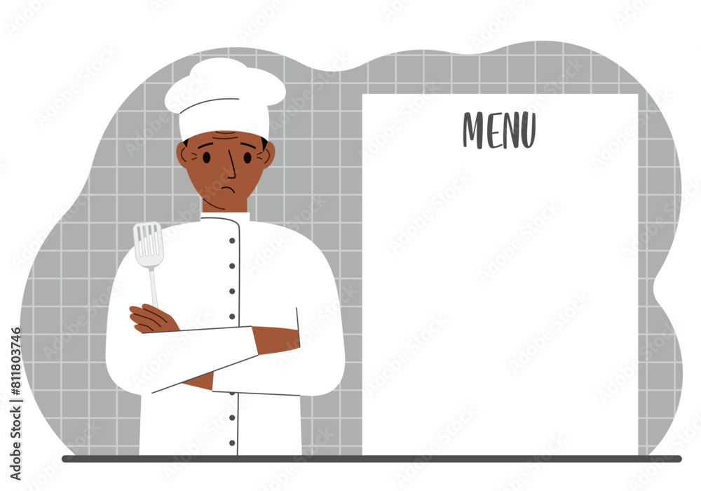A chef in a cap stands next to a white sheet for placing a menu for a restaurant or cafe. Vector flat illustration