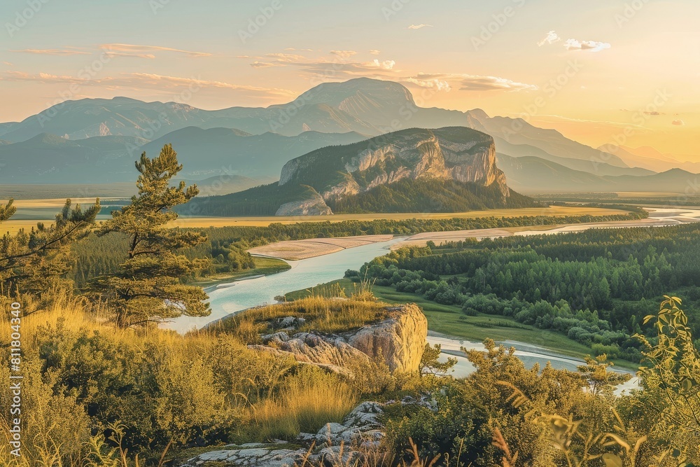 Obraz premium A hazy mountain range featuring trees and vegetation in the foreground and a rose-tinted sky above. Beautiful simple AI generated image in 4K, unique.