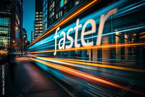 Cityscape with neon faster sign and motion