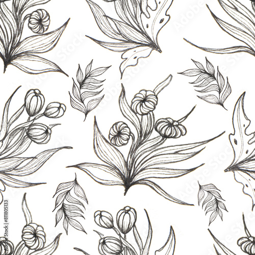seamless pattern with hand drawing  silhouette flowers