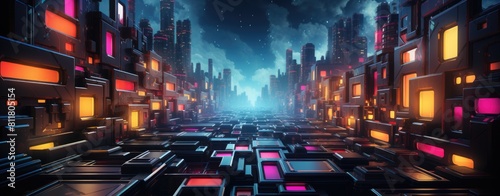 Infinite Neon Cube Corridor Glowing in Futuristic Hues. photo