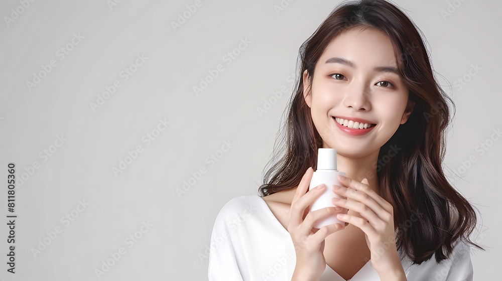 Korean girl promoting product on white backgrounnd , copy space , Korean girl promoting product on white backgrounnd , copy space ,