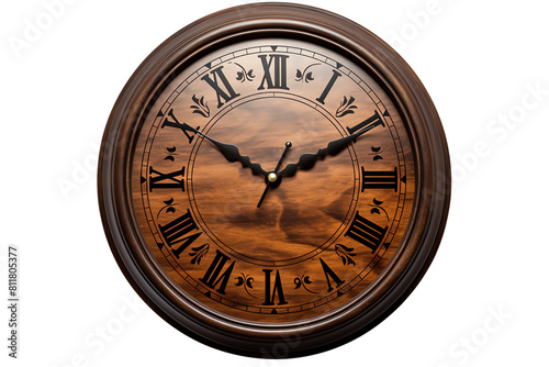 The image is a photo of a round wooden wall clock with a brown frame. The clock has a black dial with Roman numerals and a glass cover.