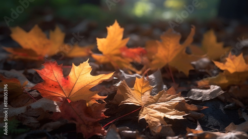 autumn leaves on the ground in the forest, ai