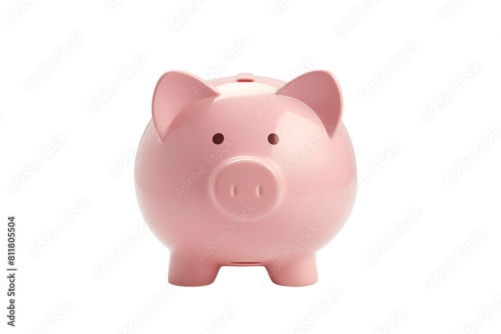 The image shows a pink piggy bank. It is facing the viewer and has a slot for coins on its back. The background is transparent.
