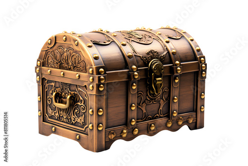 The image shows a realistic treasure chest with golden details. The chest is closed and has a lock on the front. The chest is made of wood and has metal details.
