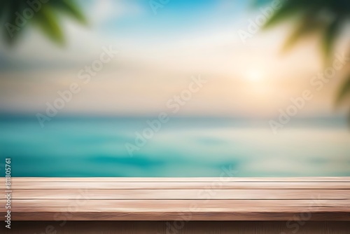 Empty wood table top  with blur seascape  tropical palm tree background. bright tone.