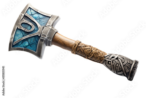 The war hammer is made of blue crystal and brown wood.