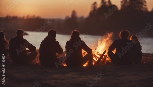 silhouettes of people having fun around a bonfire  sitting  playing guitar  chatting 