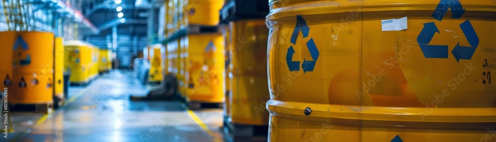 Industrial Concept: Secure industrial facility with radioactive waste barrels and hazard Industrial Concept: Secure industrial facility with radioactive waste barrels and hazard