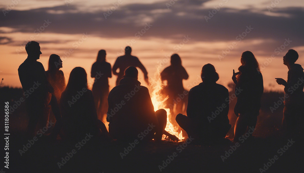 silhouettes of people having fun around a bonfire, sitting, playing guitar, chatting
silhouettes of people having fun around a bonfire, sitting, playing guitar, chatting