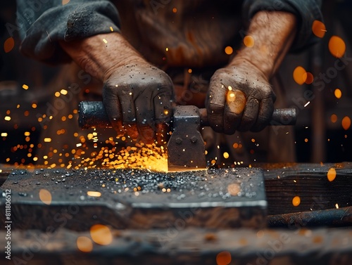 Close up of Blacksmith s Hands Shaping Molten Metal on Anvil with Sparks Flying Highlighting Traditional Craftsmanship photo