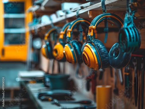 Industrial Workplace Headphones and Safety Gear Hung Near Work Station for Hearing and Eye Protection photo