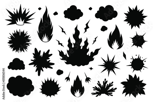 Fire flame manga explosion effect. Black ink hand drawn silhouettes anime graphic. Vector