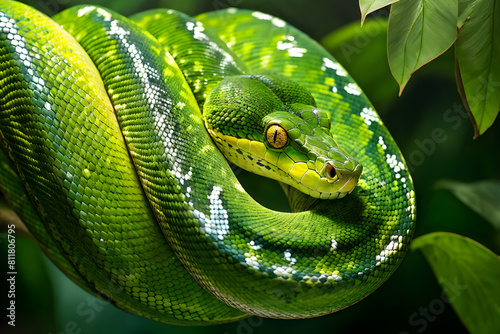 Exotic green tree python in natural setting; suitable for documentaries, zoology studies, and ecological presentations