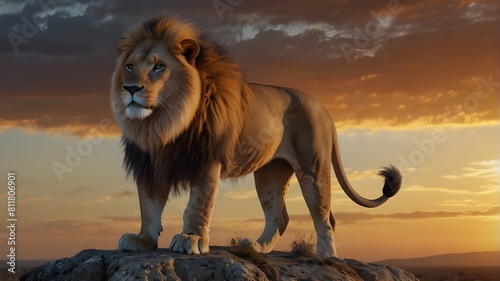 A majestic lion with a fiery mane  standing tall on a rocky cliff overlooking the savannah.