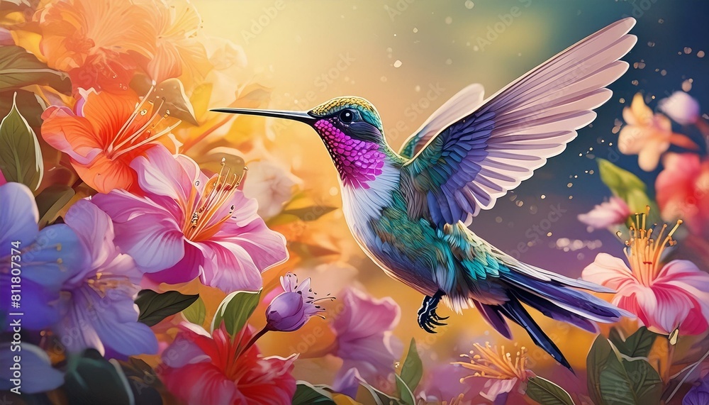 Describe the intricate dance of a hummingbird as it flits between flowers in search of nectar.