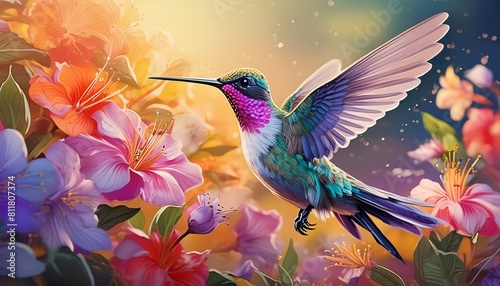Describe the intricate dance of a hummingbird as it flits between flowers in search of nectar."oiseau, vecteur, fleur, nature, illustration, floral, papillon, animal