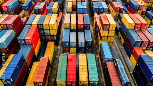 A colorful aerial view of stacked cargo containers at a busy shipping port illustrating global trade and logistics.