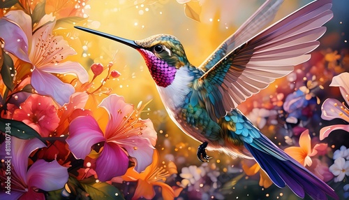 Describe the intricate dance of a hummingbird as it flits between flowers in search of nectar."oiseau, vecteur, fleur, nature, illustration, floral, papillon, animal