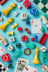 concept of board games. Dice, chips and cards on a background long banner