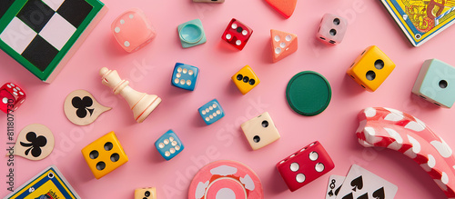 concept of board games. Dice, chips and cards on a background long banner photo