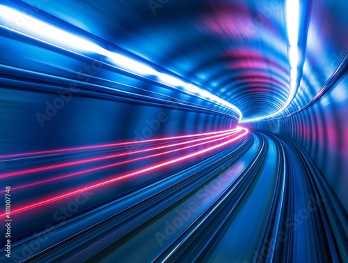 Long exposure shot of light trails in a high-speed tunnel conveying motion and technology.