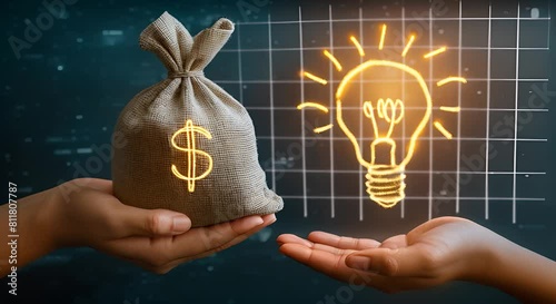 Hand holds light bulb in return for money, idea business startup investment funding crowdfunding sponsor venture capital concept illustration, financial success innovation project	