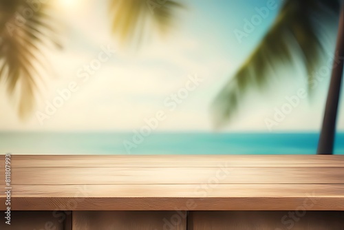Empty wood table top  with blur seascape  tropical palm tree background. bright tone.