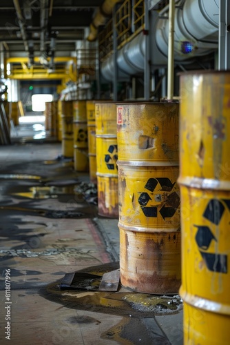 Industrial Concept: Secure industrial facility with radioactive waste barrels and hazard