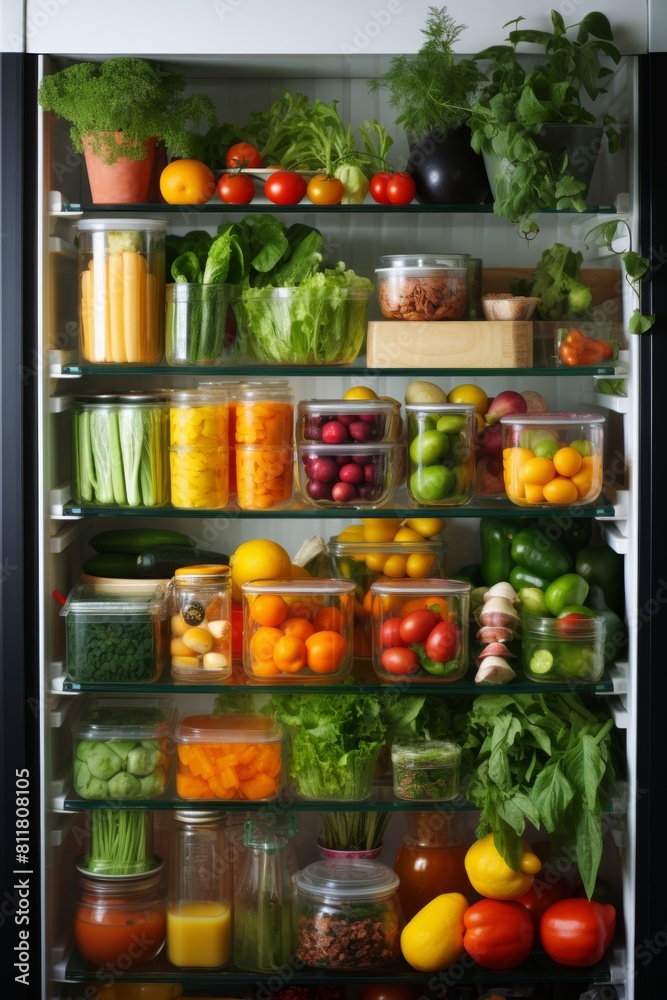 Organized fridge packed with assorted fresh vegetables in containers and jars for healthy meal prep Organized fridge packed with assorted fresh vegetables in containers and jars for healthy meal prep
