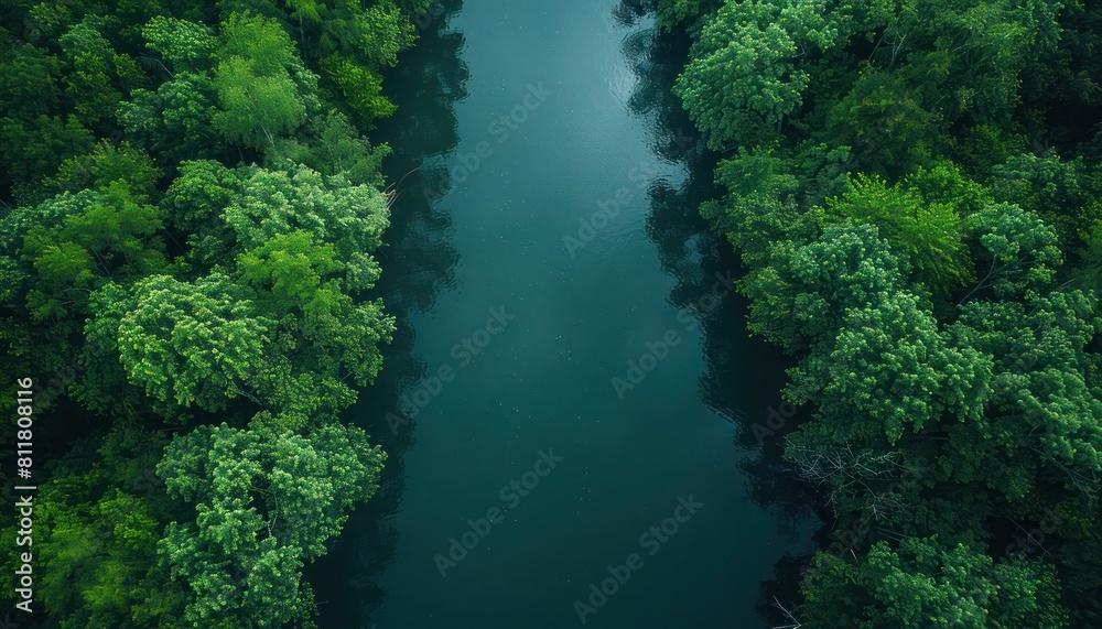 Aerial River Scene: Bank Covered in Greenery, Dark Water on Right, Creative Shot Aerial River Scene: Bank Covered in Greenery, Dark Water on Right, Creative Shot